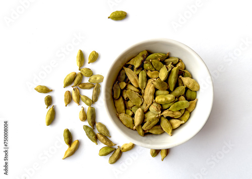 Organic Dried Cardamom Pods. Spices Concept. Top View. Isolated on White Background.