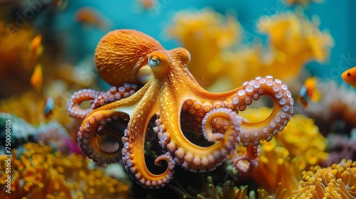 Electric blue octopus glides among coral in marine reef underwater