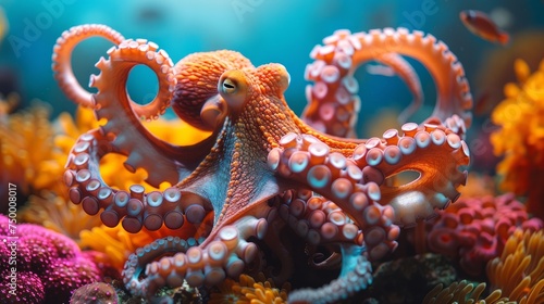 Marine organism, the octopus, rests on coral reef in electric blue ocean © yuchen