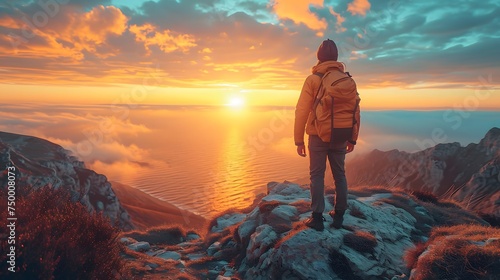 solo traveler standing on a cliff's edge photo