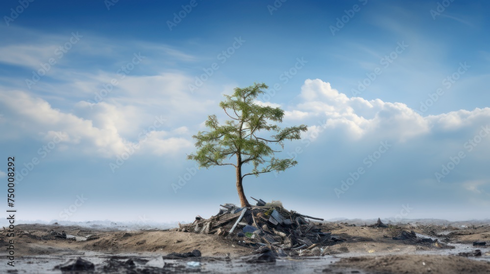 A small tree is growing on a pile of plastic waste background of a cloudy sky. A small tree is growing on a pile of plastic waste background of a cloudy sky.