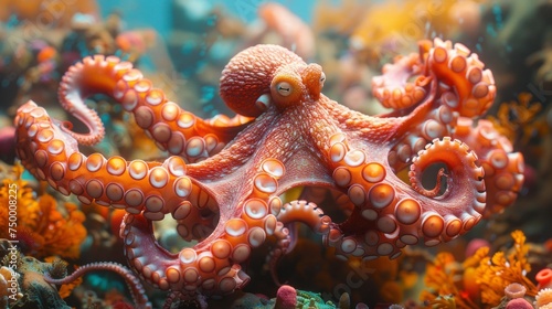 Invertebrate organism, octopus, swims among coral reef in marine environment © yuchen