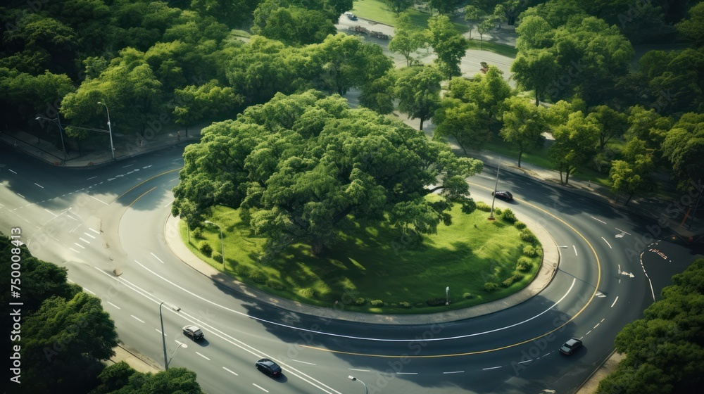 Fototapeta premium Aerial view of the road curving around A large tree lies in the middle of a big city road.