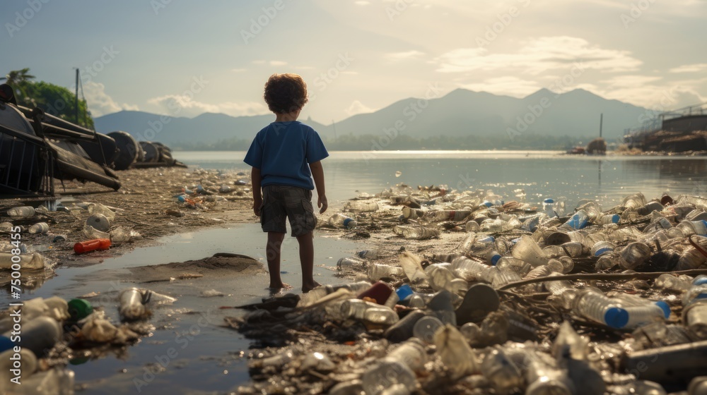 Children and environmental problems, children and garbage, child looking at a lot of plastic waste in the water. 