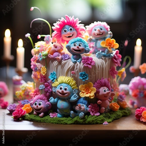 A cute toy troll, a toy that is popular with today's children, with a bouquet of flowers in a natural abstract green back garden. floral composition. spring