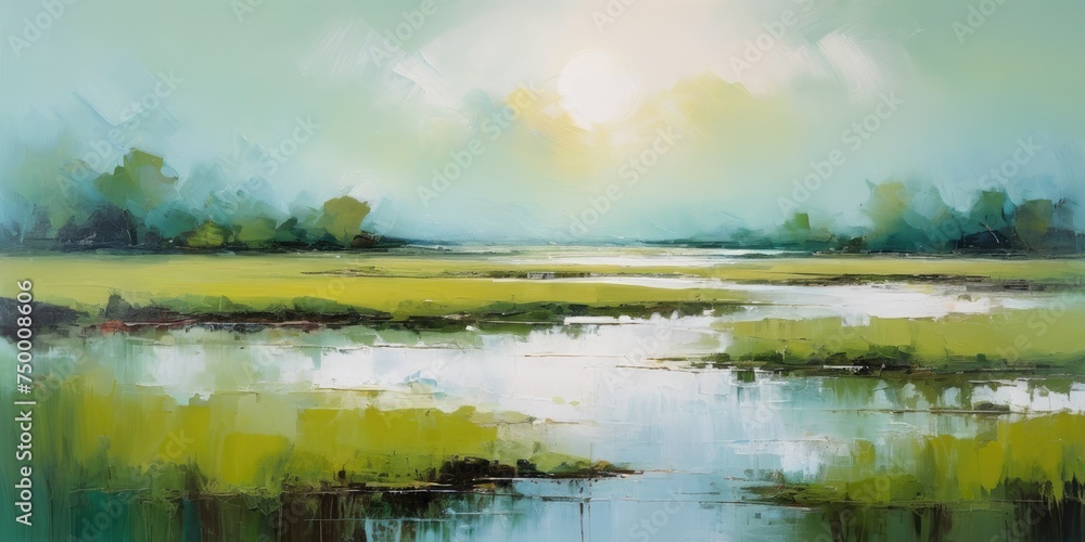 calming combination of a marsh landscape and soft, green hues