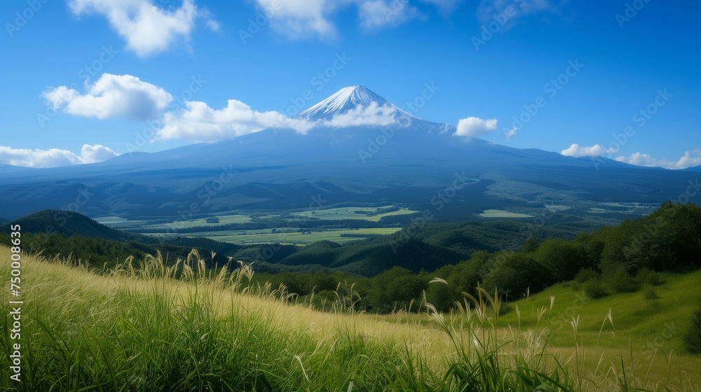 Fototapeta premium Majestic mountains reach for a vast sky, touched by wispy clouds.