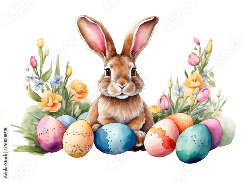 png watercolor hare  rabbit with easter eggs  on transparent background  sublimation for t-shirt and postcard  your design