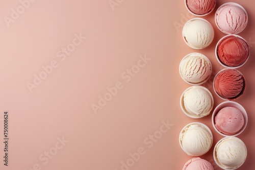 Artistic top view photograph showcasing a delightful assortment of refreshing ice creams  with generous copy space for your branding.