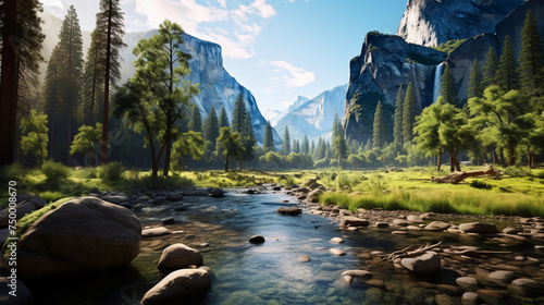 Photorealistic image panoramic view of Yosemite Valley  USA 
