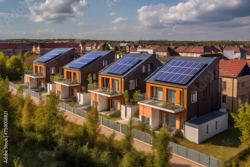 Solar panel on roof house. Home with solar panels on roof. Modern house exterior. Tanunhouses and residential buildings, houses with solar panels on roof. Solar photovoltaic construction for homes. © MaxSafaniuk