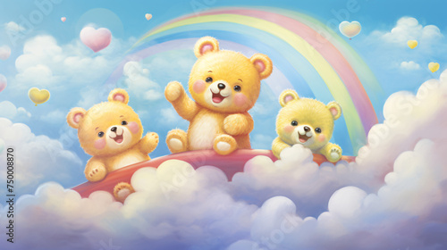 Cute bears playing on the cloud with rainbow blue