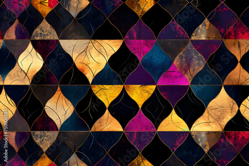 seamless colored geometric pattern, holo-foil, shiny, glistening, made of glass, black, gold, gilded, wallpaper. Neural network generated image. Not based on any actual scene or pattern. photo