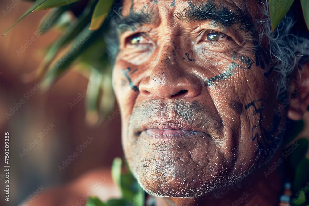 Senior Hawaiian man portrait, aged Native Hawaiian, dignified expression, cultural pride Senior Hawaiian man portrait, aged Native Hawaiian, dignified expression, cultural pride