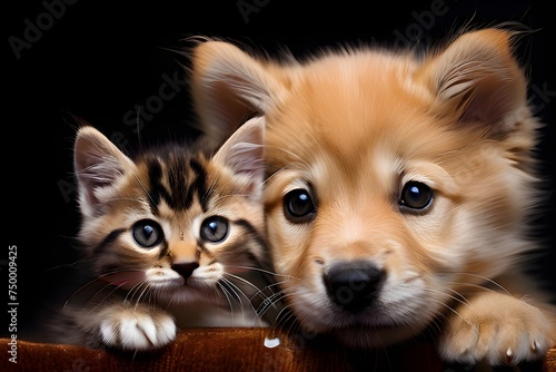 Close-up shoot of Adorable puppy and kitten lying together in a loving embrace, isolate on black background.