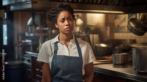 Exhausted black female, tired worker, stressed,Exhausted black female cook in kitchen in restaurant.  photo