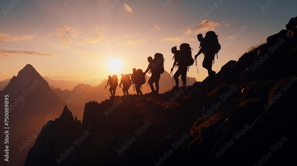 Fototapeta premium The team of hikers climbed up to the top of the mountain. Overlooking a stunning view. Silhouette stunning view. Concept to achieving goals together. Generative AI