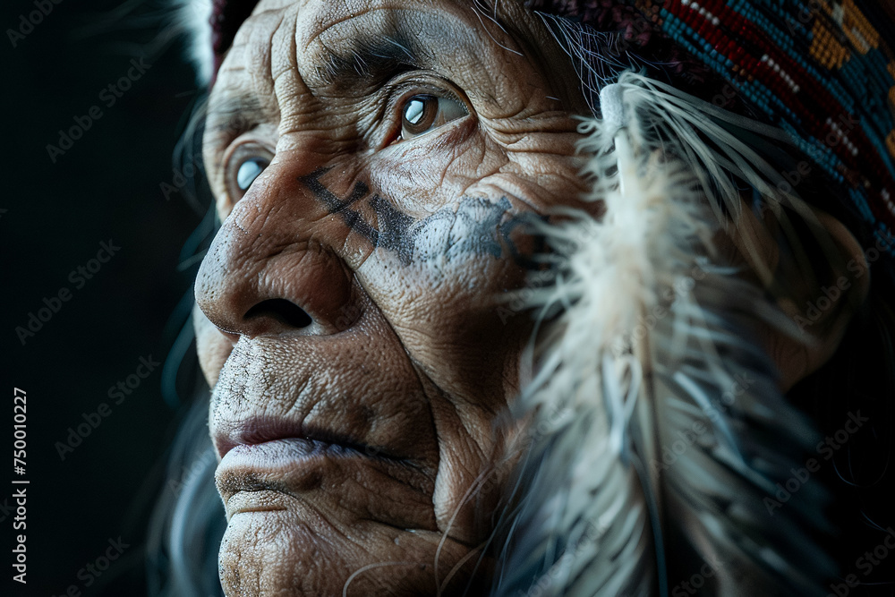 Senior Native American man portrait, mature shaman with traditional feathers, tribal leader