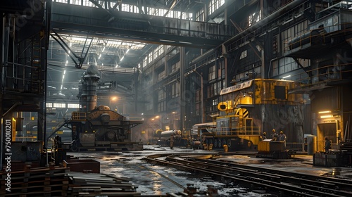Atmospheric Industrial Interior with Trains and Furnace