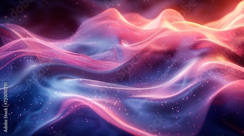 An abstract cosmic background with undulating waves of pink and blue hues, interspersed with sparkling stars and a sense of fluid motion, resembling a celestial phenomenon