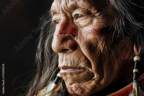 Elderly Native American man portrait, wise leader with feather headdress, tribal elder