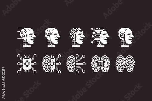 black and white simple 1bit pixel art set of artificial intelligence icons. brain, chipset and humanoid robot head