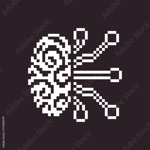 black and white simple 1bit pixel art artificial intelligence icon. brain and chipset