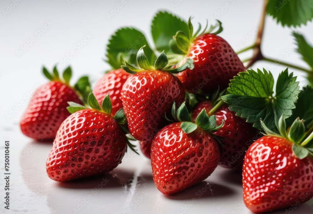 close-up view of ripe strawberries on a branch, set against a white background