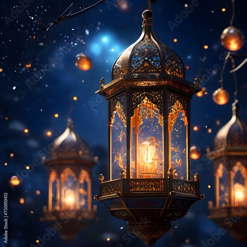 Macro realism shoot of camera. Ornamental Arabic lantern with burning candle glowing at night. Festive greeting card, invitation for Muslim holy month Ramadan Kareem.