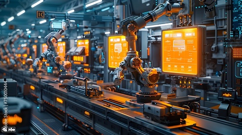 Robotic Factory Lineup with Screens and Lights