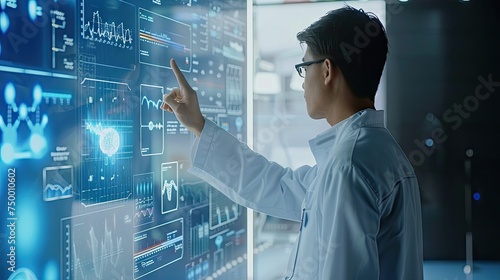 Healthcare professional wearing a lab coat, gesturing towards AI-powered health analytics on a transparent screen 