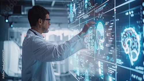 Healthcare professional wearing a lab coat, gesturing towards AI-powered health analytics on a transparent screen  © Chaynam