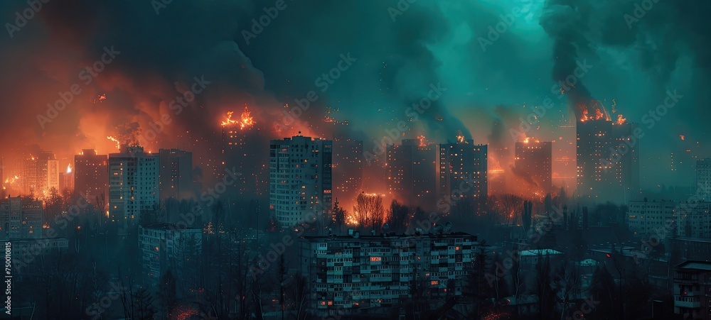 City Night: Aftermath of War, Flames Illuminate the Darkness