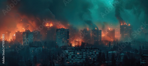 City Night: Aftermath of War, Flames Illuminate the Darkness