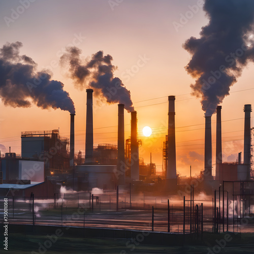 Nighttime Factory Pollution: Smoke billows from the chimney of an industrial plant against the backdrop of a colorful sunset, highlighting the environmental impact of industrial activity on the sky