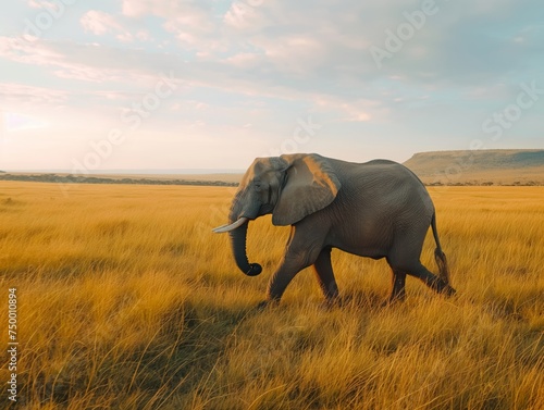 A serene scene of African elephant wandering through the golden grasses of the savannah at dusk © cherezoff