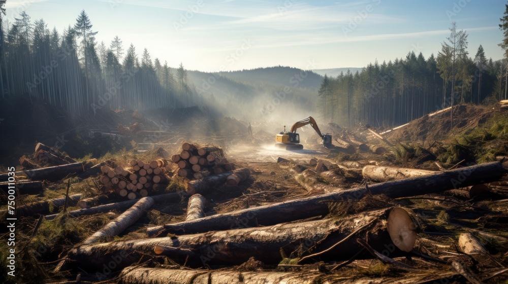 environmental problems ,wood cutting,Trees being cut, Logging Clearcut,  - obrazy, fototapety, plakaty 