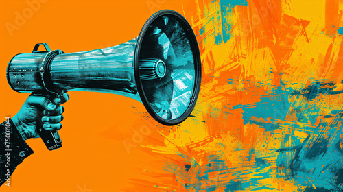 A hand holding a turquoise megaphone in front of a orange background