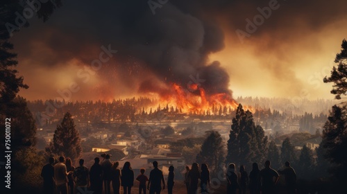 A forest fire is burning near an urban area. Silhouettes of people looking at a forest fire near their homes.