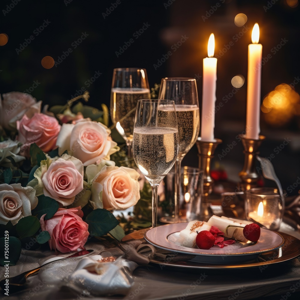 Exquisite table setting with champagne glasses, candles, and fresh flowers for romantic celebration