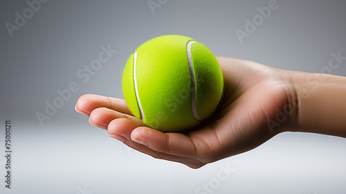 Close up of the boy's hand is catch the green tennis ball on white background.
