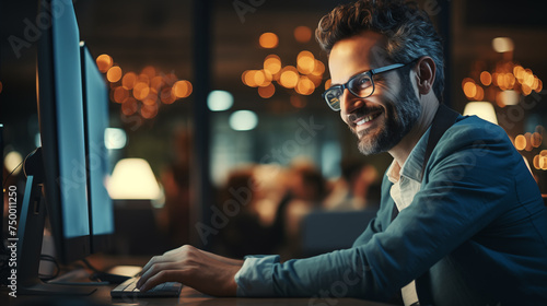 Male office worker wearing glasses smiles and looks at the computer screen.
