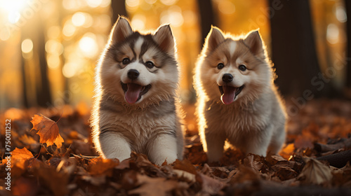 Two Siberian Husky puppies playing in the park
