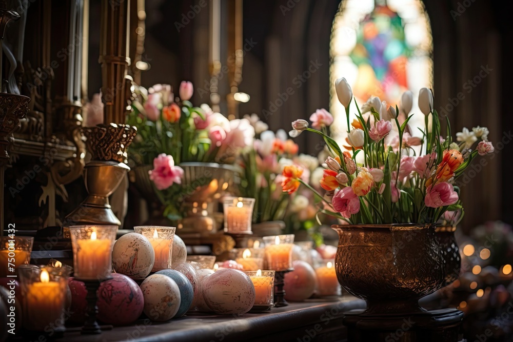 Easter decor in church: iconic symbols, ornate flowers, and illuminated candles
