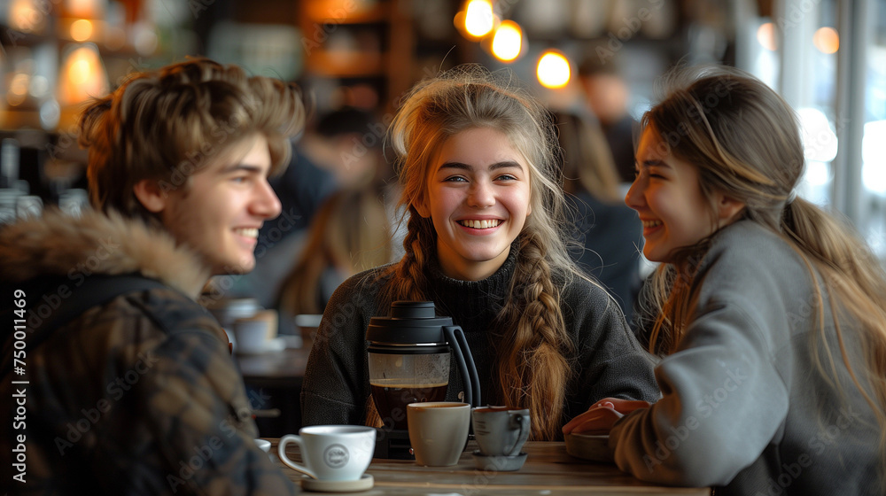 Energetic young scholars, bonding over coffee and ideas in the bustling café. Energetic young scholars, bonding over coffee and ideas in the bustling café.