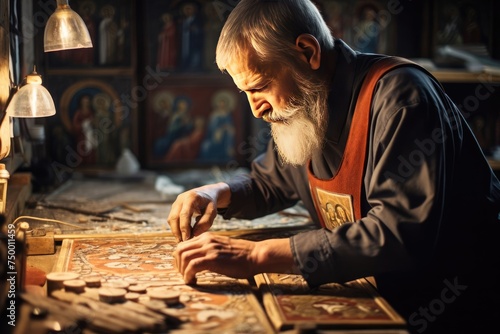 Icon painters creating and restoring easter icons in monasteries and churches