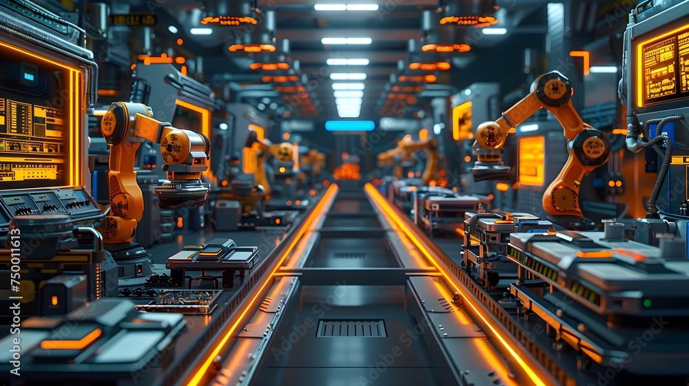Futuristic Factory Scene with Robots and Machine Tools