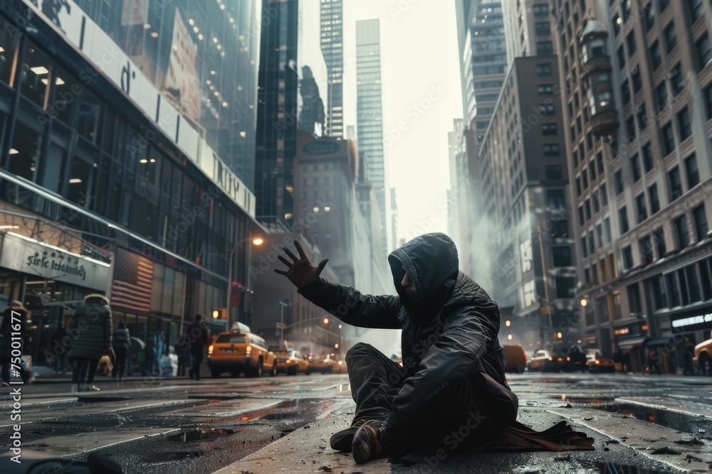 A hungry homeless person sits with outstretched hand on the street in a big city among skyscrapers. A large number of passersby ignore him. A hungry homeless person sits with outstretched hand on the street in a big city among skyscrapers. A large number of passersby ignore him.