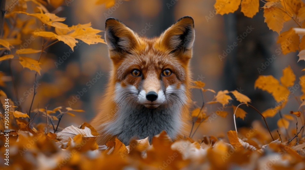 a red fox is sitting in a pile of leaves in the woods