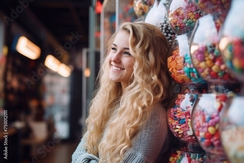 The blonde girl dreamily leaned against the glass candies